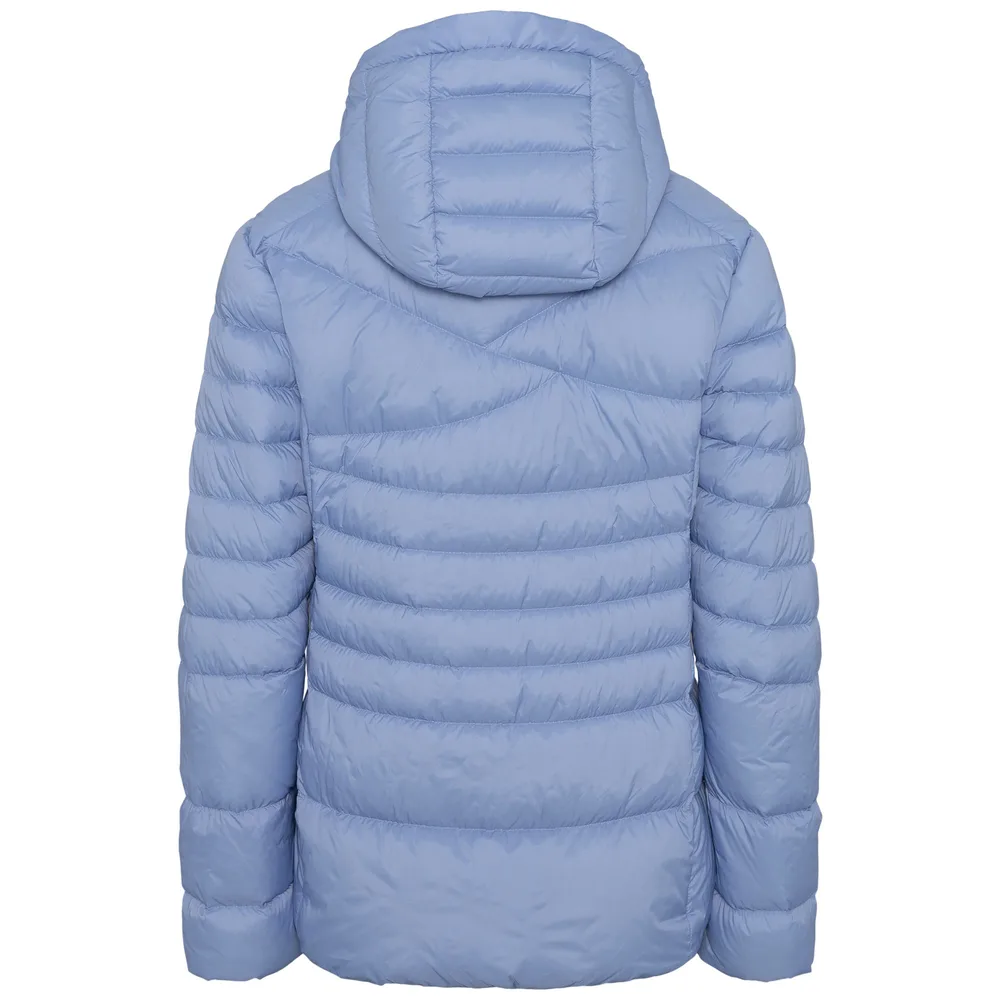 Women’s Puffer Jacket — Light Blue & Orange — Light Blue, back view