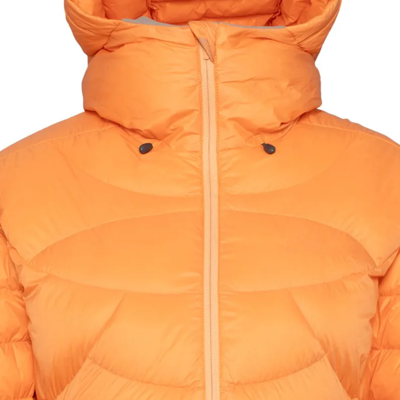 Women’s Puffer Jacket — Light Blue & Orange — Orange, collar and hood close-up