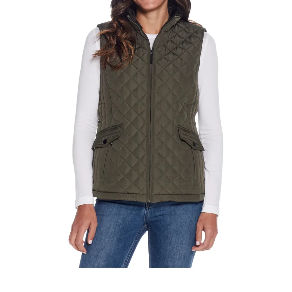 Women’s Quilted Vest — Dark Olive, Black & Khaki — Dark Olive, front view, worn