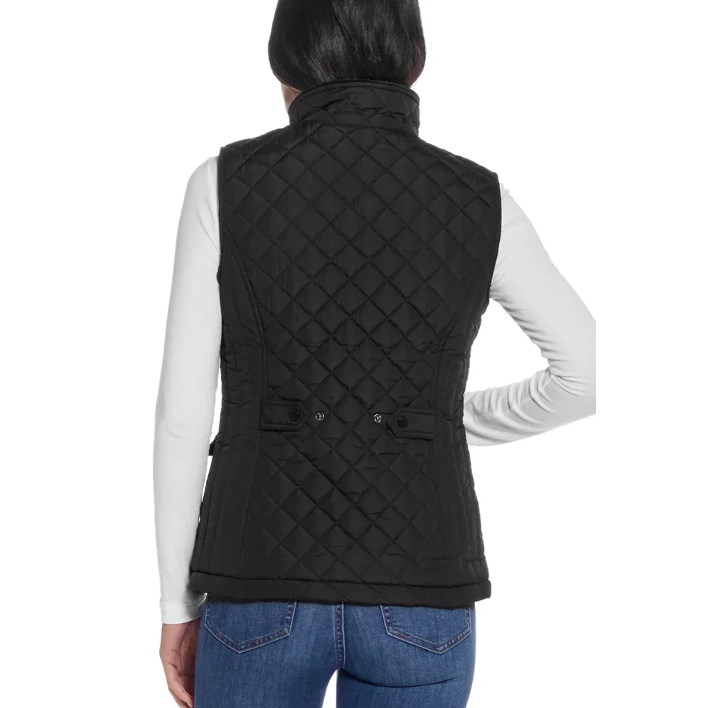 Women’s Quilted Vest — Dark Olive, Black & Khaki — Black, back view, worn
