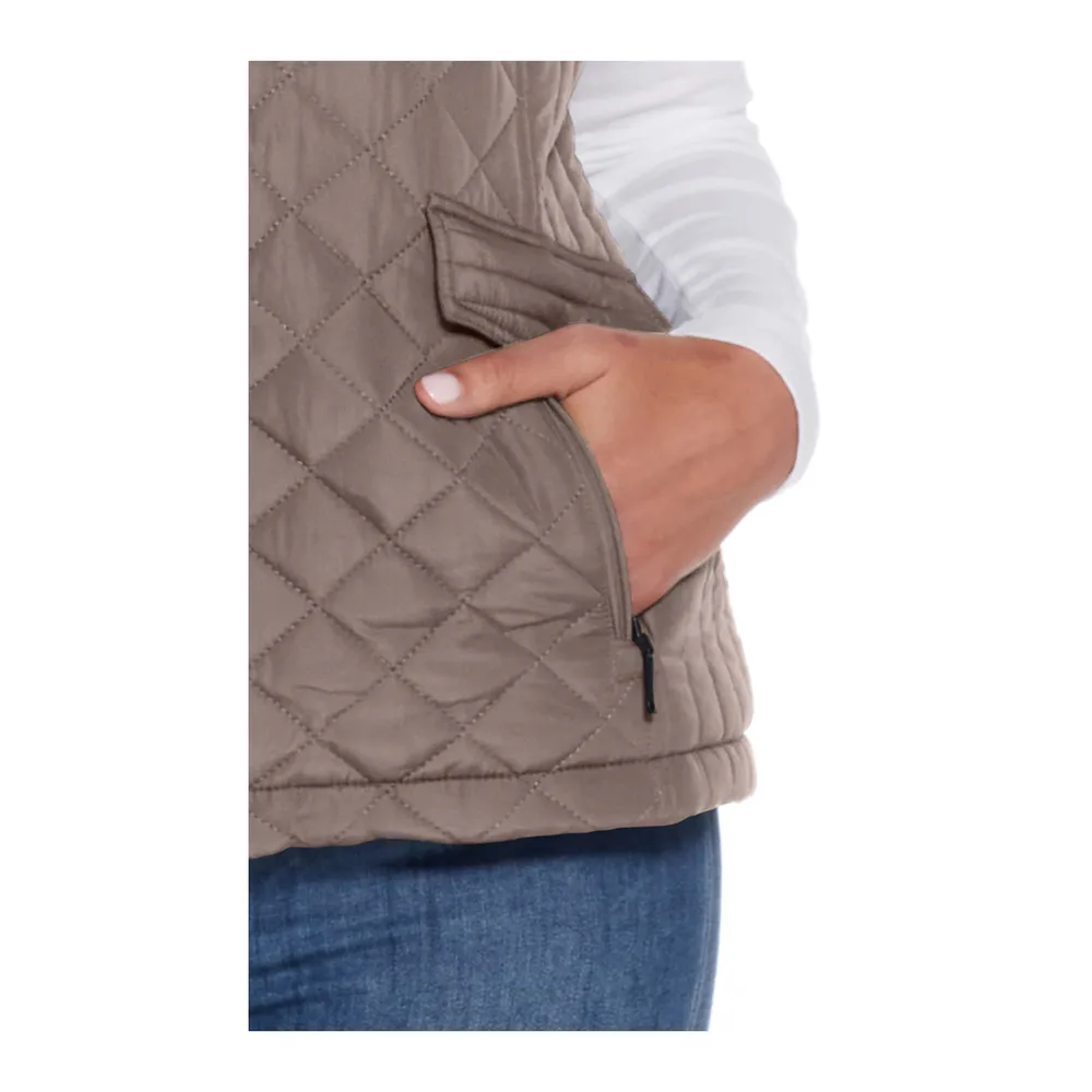 Women’s Quilted Vest — Dark Olive, Black & Khaki — Khaki, pocket close-up, worn