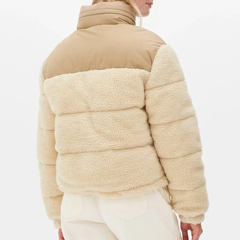 Women's Sherpa-Face Down Puffer Jacket — Beige, worn back view