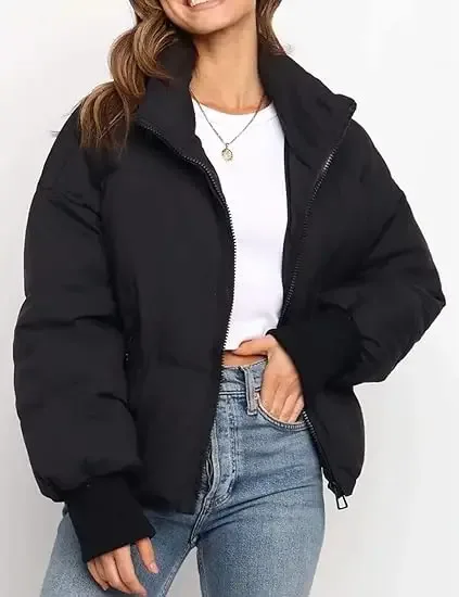 Women's Short Down Puffer Jacket — 4 Colourways — Black, worn front view