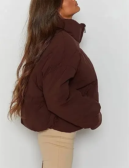 Women's Short Down Puffer Jacket — 4 Colourways — Brown, worn side and back view
