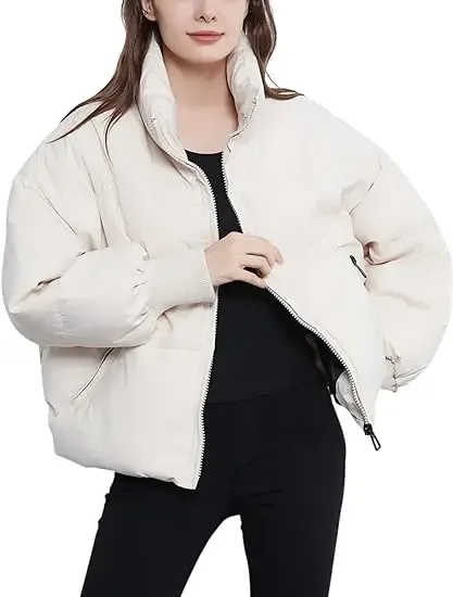 Women's Short Down Puffer Jacket — 4 Colourways — Cream, worn front view