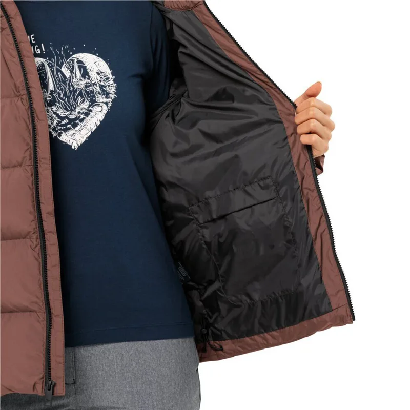 Women's Short Padded Puffer Jacket — 1 Colourway — Brown, worn open, lining view