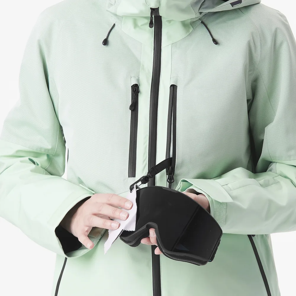 Women's Ski Jacket — Light Green — Light Green, worn front view with goggles