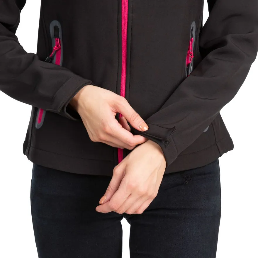 Women’s Softshell Jacket — Black & Pink — Black & Pink, model close-up