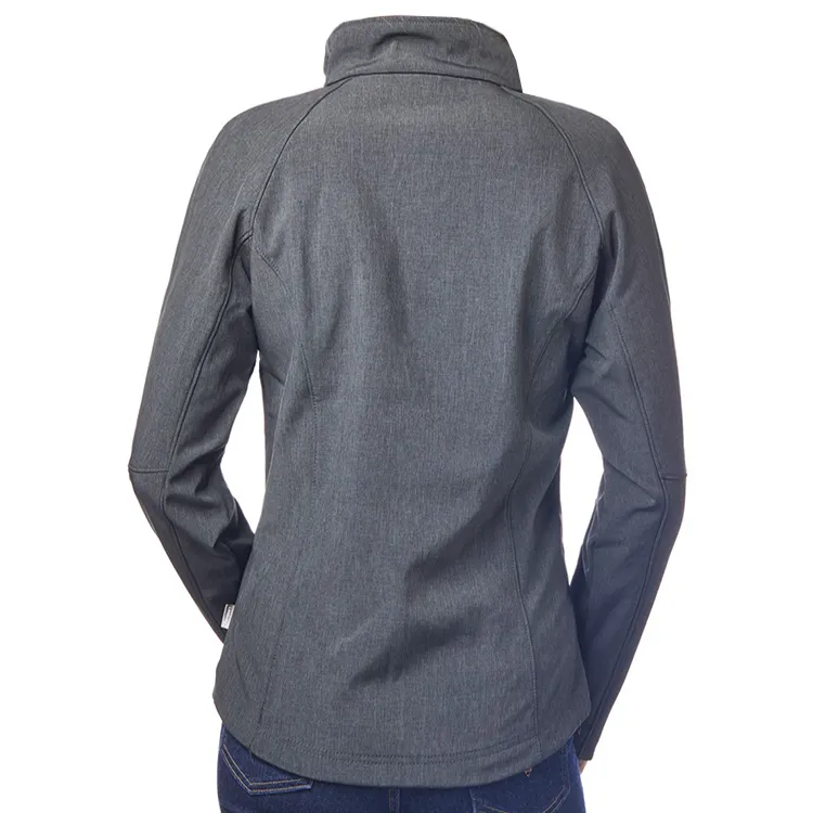 Women’s Stand-Collar Softshell Jacket — Grey, Blue & Green — Grey, worn side and back view