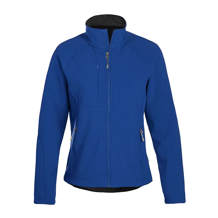 Women’s Stand-Collar Softshell Jacket — Grey, Blue & Green — Blue, front view
