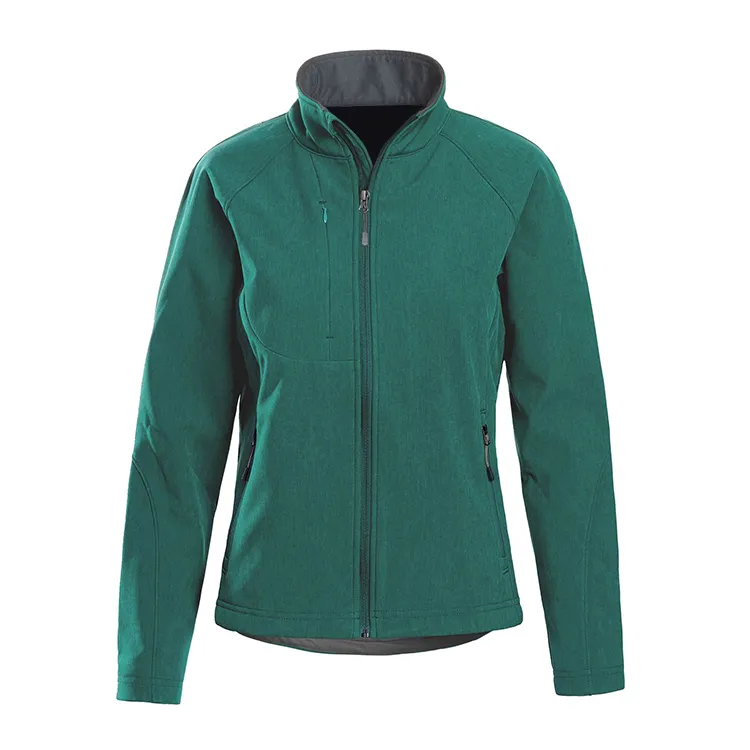 Women’s Stand-Collar Softshell Jacket — Grey, Blue & Green — Green, front view